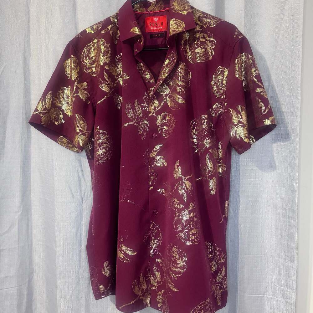 Suslo Red Collection Men's Burgundy Gold Rose Floral Slim Fit Short Sleeve Shirt